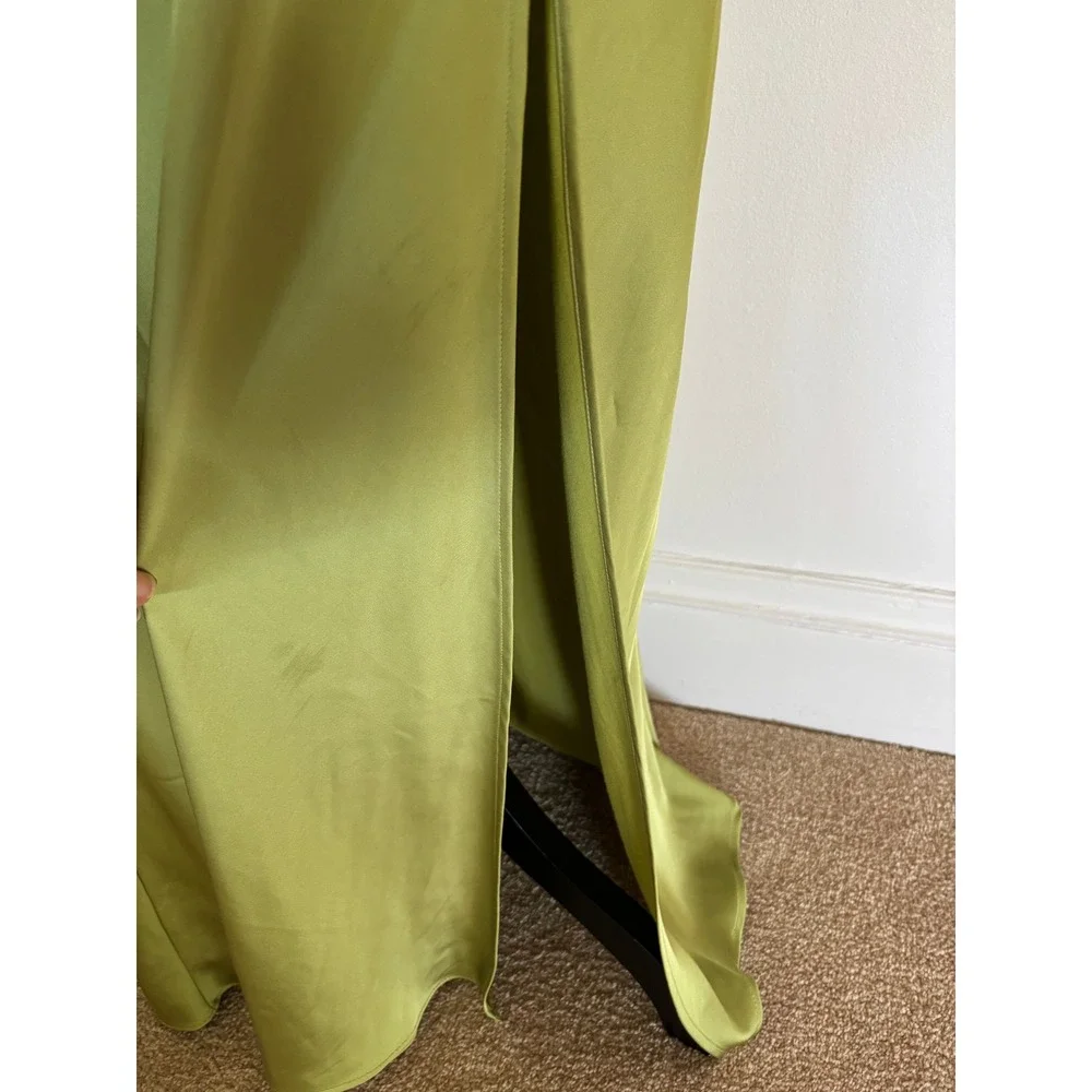 Abercrombie & Fitch Angel Sleeve O-Ring Satin Maxi Dress Sz S Lime Green Slit
